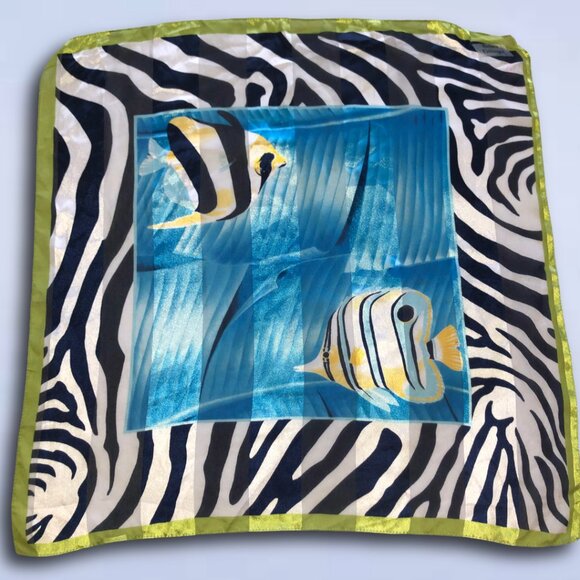 Vintage Square Scarf Tropical Fish Zebra Print Blue Green | 20”x20” - Picture 2 of 5